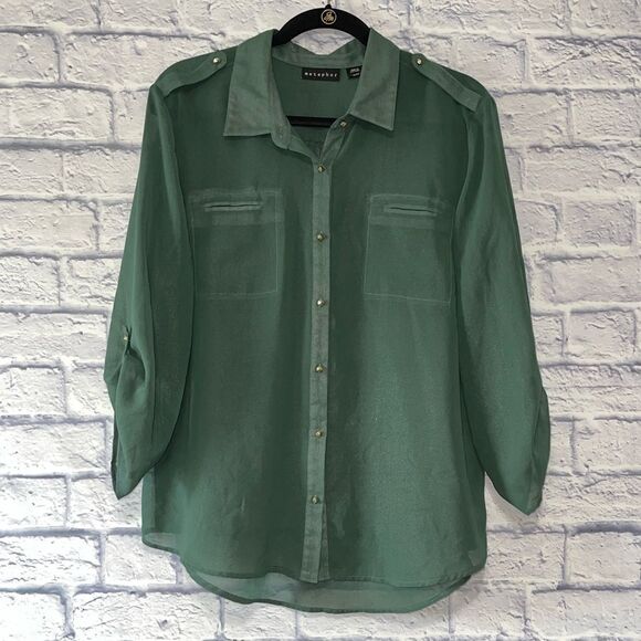 METAPHOR hunter Green Sheer Tab Sleeve Button Front Blouse - Picture 1 of 13